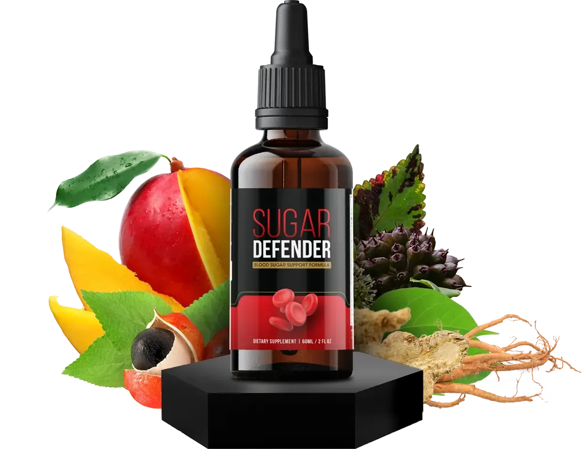 Flacon compte-gouttes de liquide Sugar Defender sur un socle noir, entouré de racines de mangue, de guarana et de ginseng.