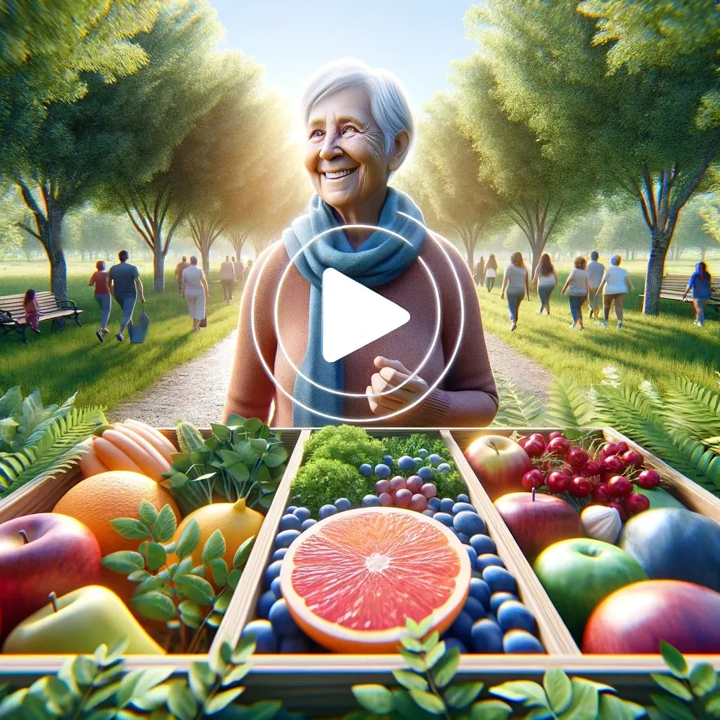 Dans un parc, une personne souriante se tient derrière une caisse en bois remplie de fruits et légumes frais, dans une scène lumineuse et ensoleillée.