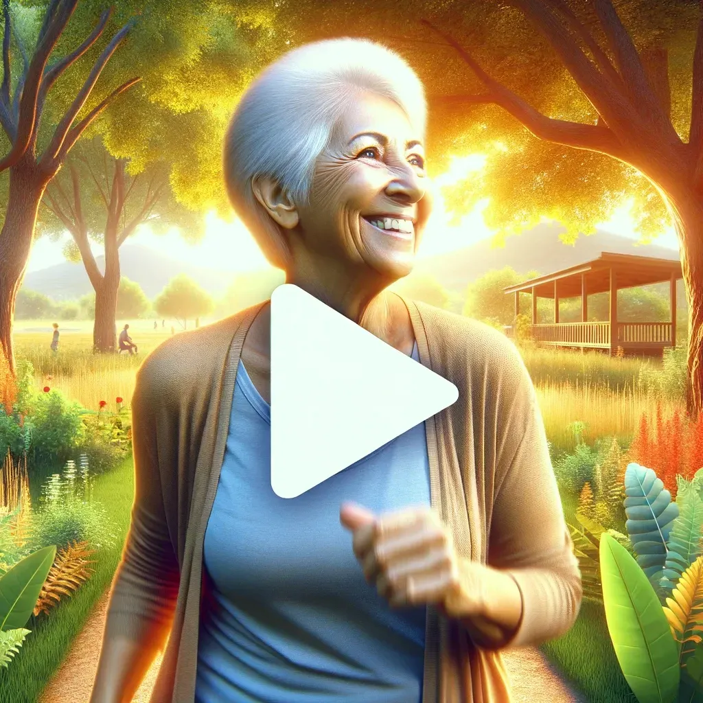Une personne souriante marche d'un pas vif le long d'une allée de jardin par une journée ensoleillée, avec des arbres et une structure visibles en arrière-plan.