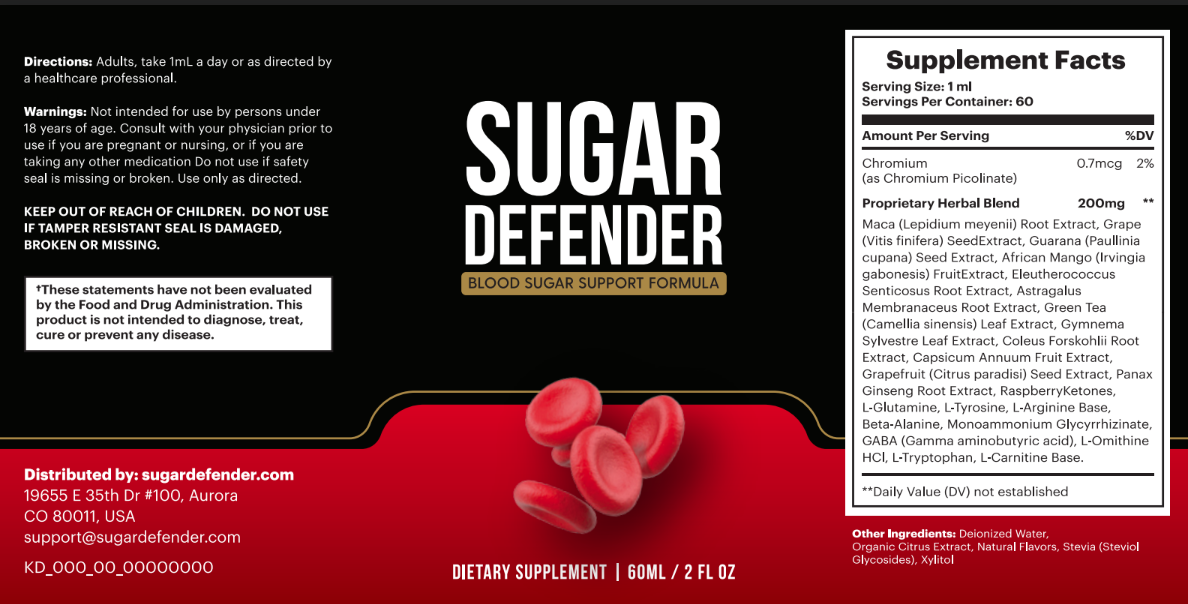 Étiquette du complément alimentaire Sugar Defender, comportant le nom du produit, la liste des valeurs nutritionnelles et une image de globules rouges.