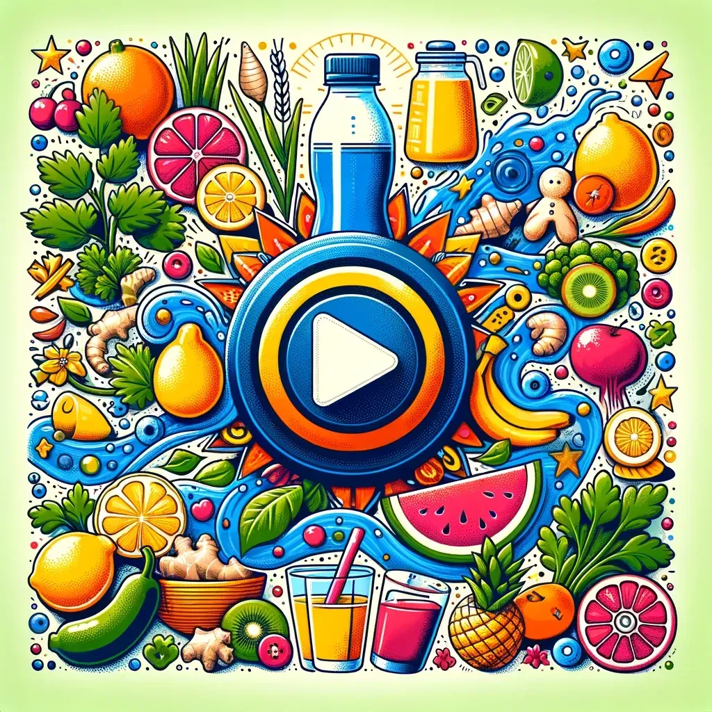 Une illustration colorée de fruits, de légumes et de boissons entourant une icône centrale de bouton de lecture bleu.