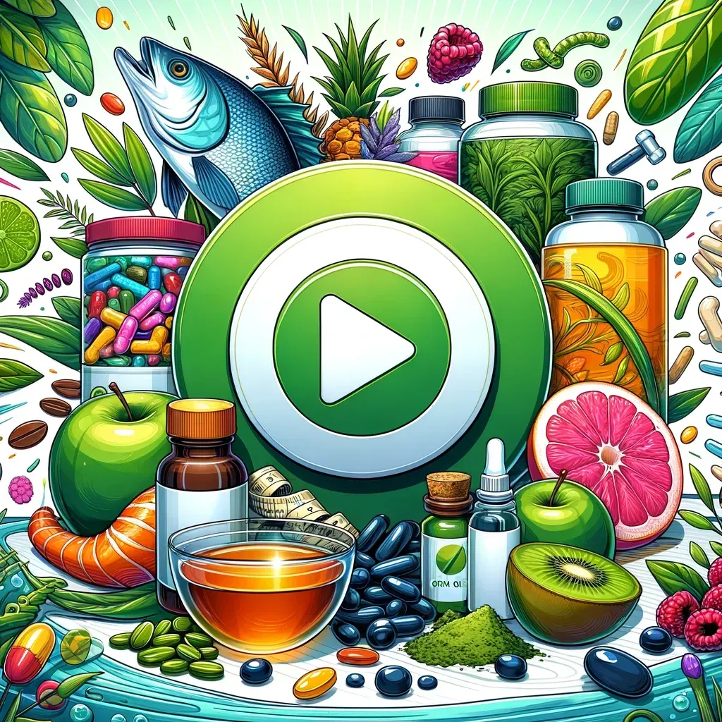 Un bouton de lecture vert central entouré de divers compléments alimentaires, vitamines, poissons et fruits frais.