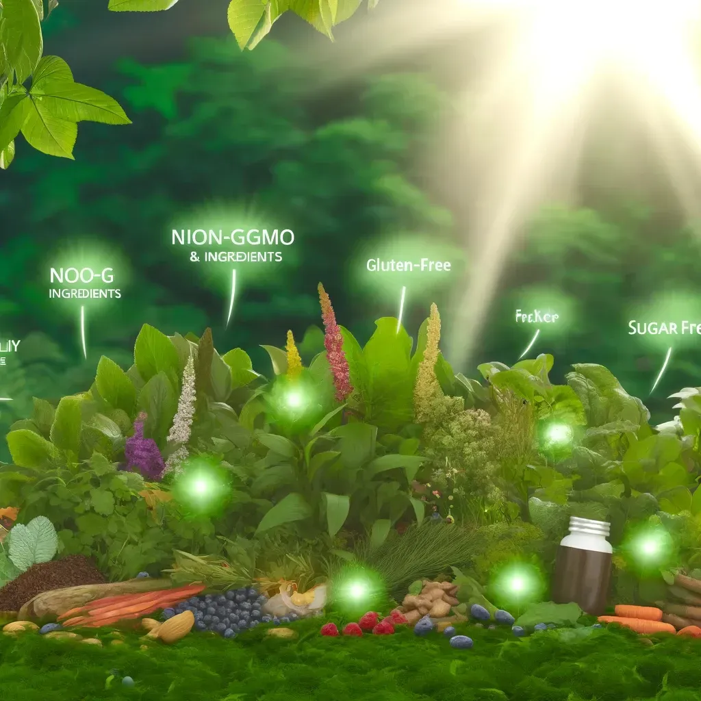 Un tas de produits frais et une bouteille de complément alimentaire sur l'herbe, avec des étiquettes lumineuses comme « Sans OGM », « Sans gluten » et « Sans sucre ».