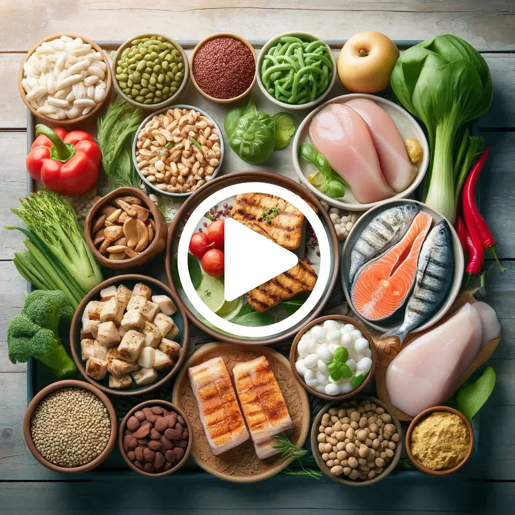 Vue de dessus d'une variété d'ingrédients sains, notamment des protéines, des céréales, des légumineuses, des légumes et des fruits.