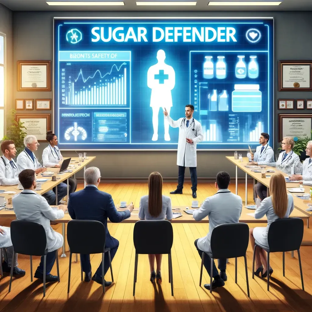Un présentateur en blouse blanche anime une réunion professionnelle sur le thème « Sugar Defender » devant un grand écran numérique rempli de données.