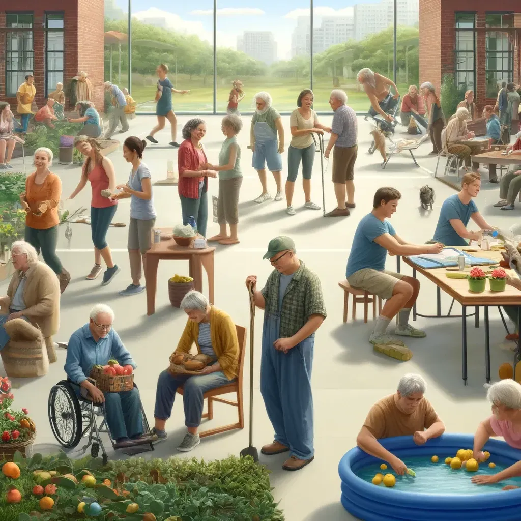 Un groupe de personnes participe à diverses activités sociales en intérieur, notamment le jardinage, les jeux de société et l'utilisation d'une petite piscine.