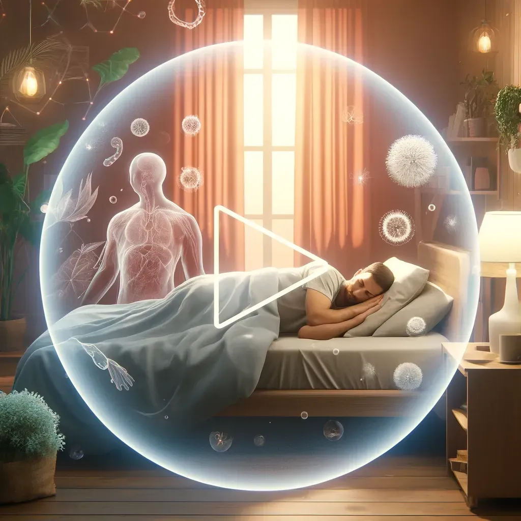 Une barrière circulaire et lumineuse entoure une personne endormie dans son lit, la protégeant de particules virales abstraites et flottantes.