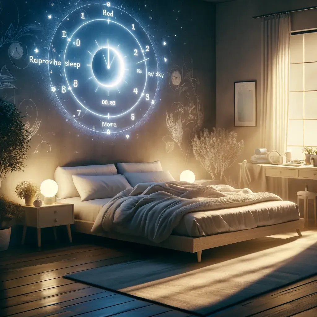Une chambre confortable avec une horloge murale circulaire lumineuse de style céleste au-dessus du lit, éclairée par une lumière douce et chaude.