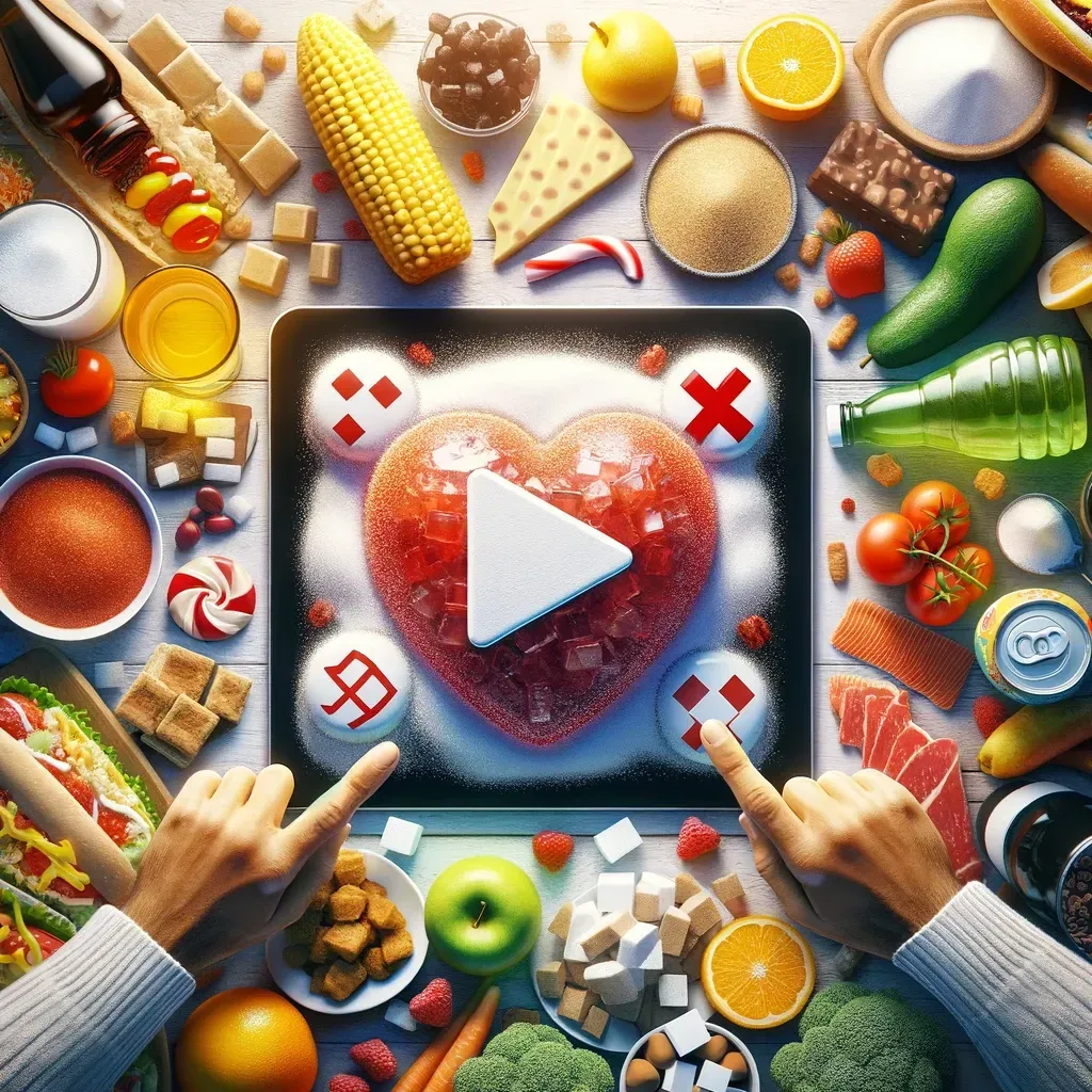 Deux mains planent au-dessus de l'écran d'une tablette affichant un bouton de lecture à l'intérieur d'un cœur, entouré de divers aliments.