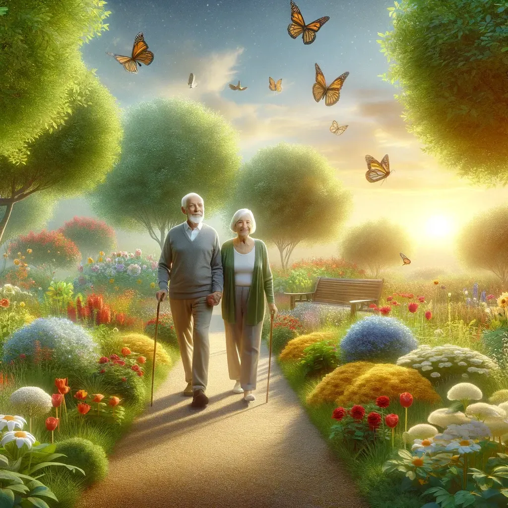 Deux personnes se promènent sur un sentier de jardin, entourées de fleurs colorées, d'arbres et de papillons qui volent au coucher du soleil.