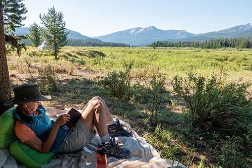 A man is laying on a blanket in a field reading a book.