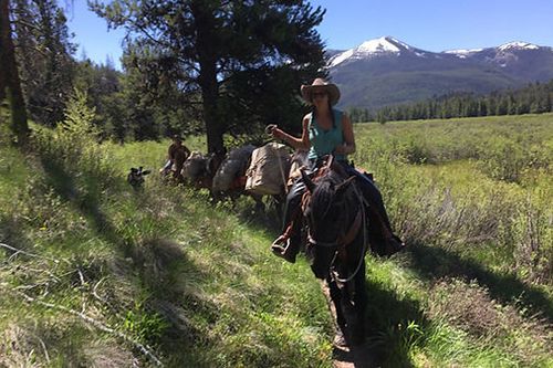 A woman is riding a horse in a field with mountains in the background.