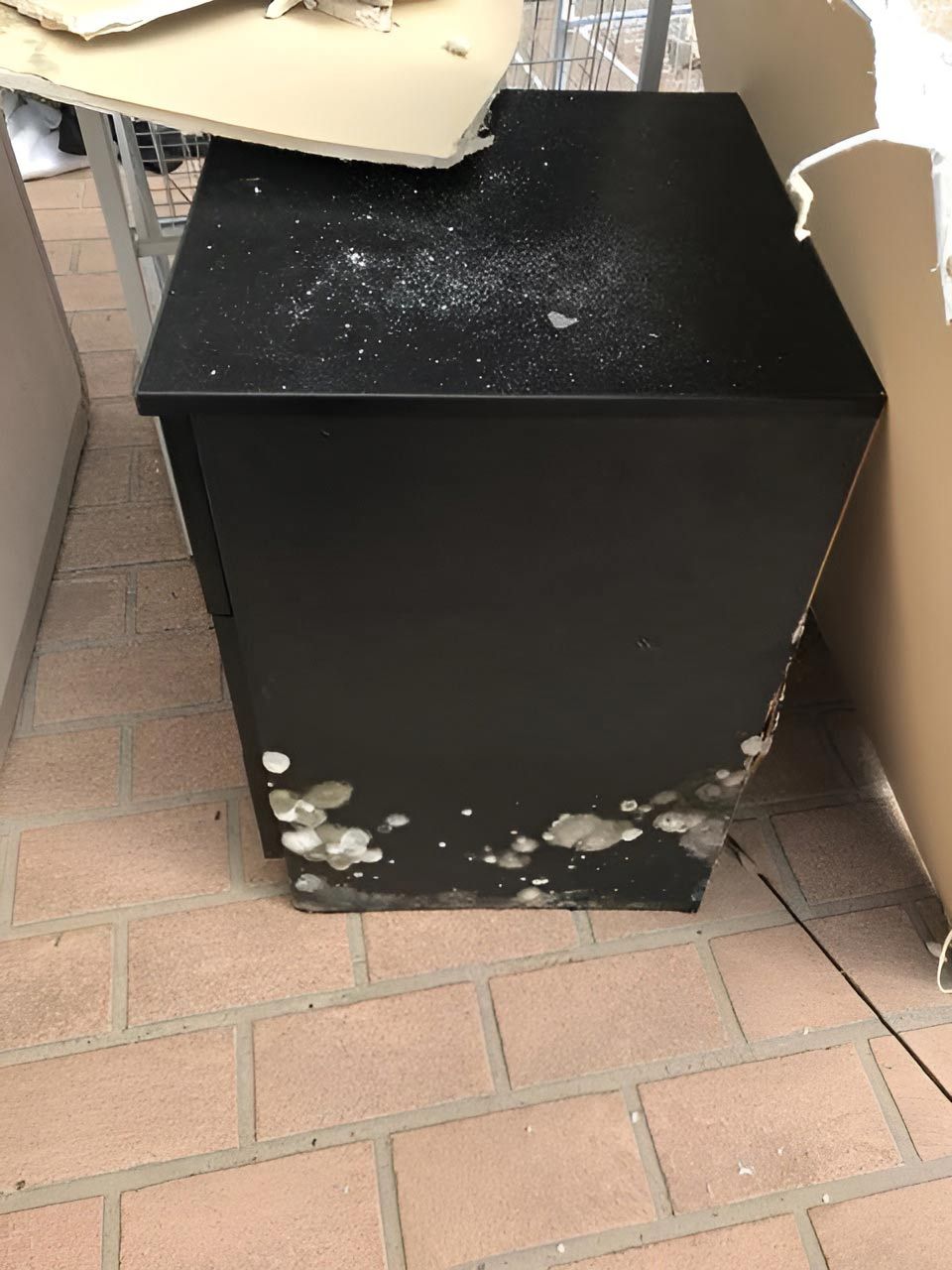 A Black Box With Mold Is Sitting On Top Of A Brick Floor — Dryology Carpet Cleaning in Mayfield, NSW