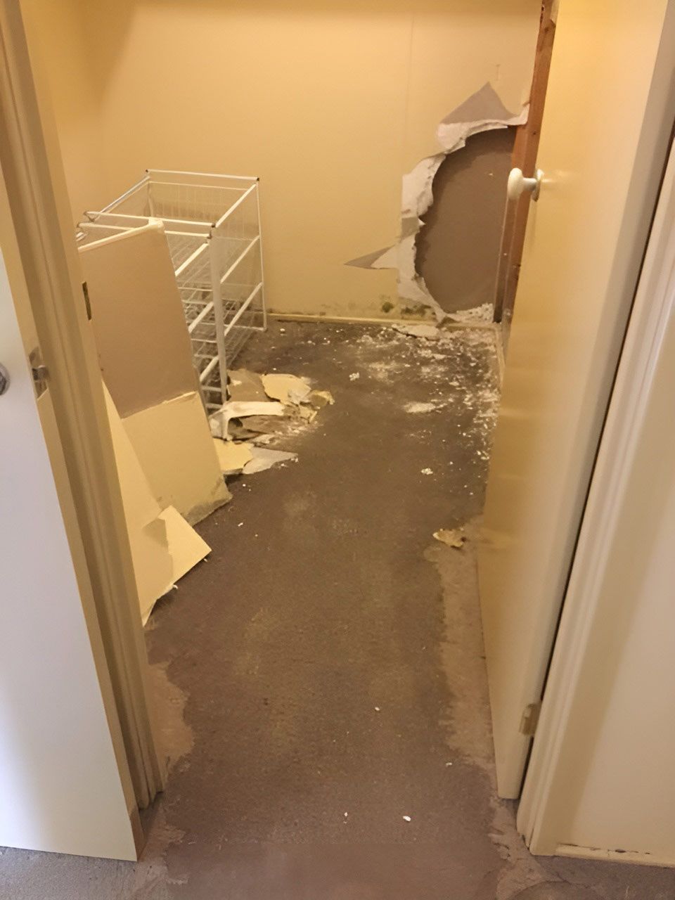 There Is A Hole In The Wall With With Wet Carpet Flooring — Dryology Carpet Cleaning in Maitland, NSW