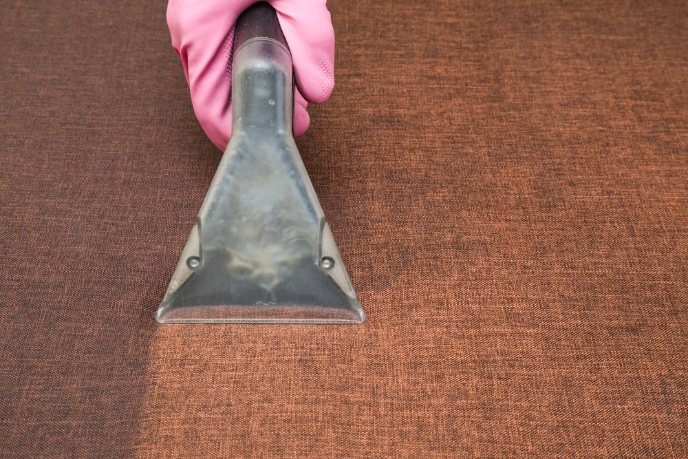 A Person Wearing a Pink Glove Cleans a Brown Couch — Dryology Carpet Cleaning in Salamander Bay, NSW