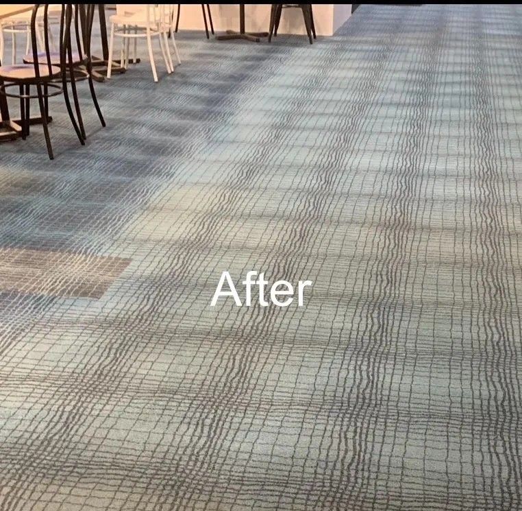 Blue and Gray Patterned Carpet in a Commercial Space, Labeled After — Dryology Carpet Cleaning in Kotara, NSW