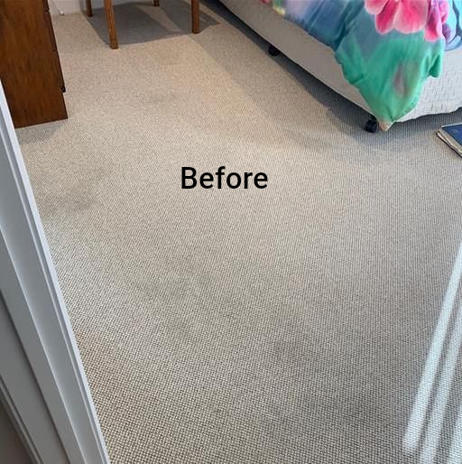 Beige Carpet With Dark Stains Labeled Before Next to a Bed and Furniture — Dryology Carpet Cleaning in Lake Macquarie, NSW