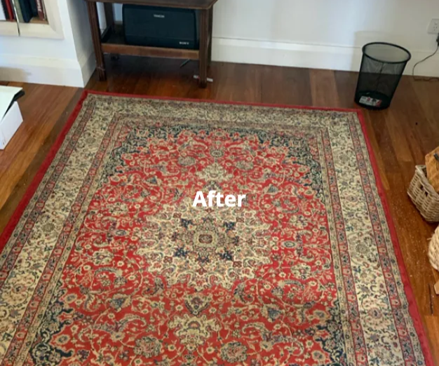 Red and Beige Patterned Rug on a Hardwood Floor — Dryology Carpet Cleaning in Maitland, NSW