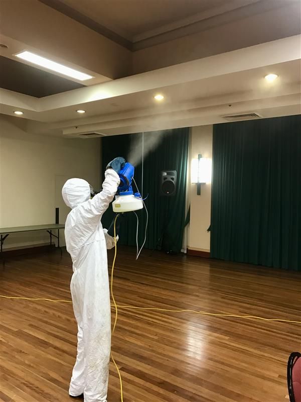 Hand in Yellow Glove Spraying Moldy Wall With Cleaning Solution — Dryology Carpet Cleaning in Salamander Bay, NSW