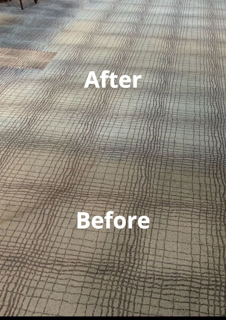 A Man Wearing Rubber Gloves Is Holding A Spray Bottle Cleaning The Carpet — Dryology Carpet Cleaning in Charlestown, NSW