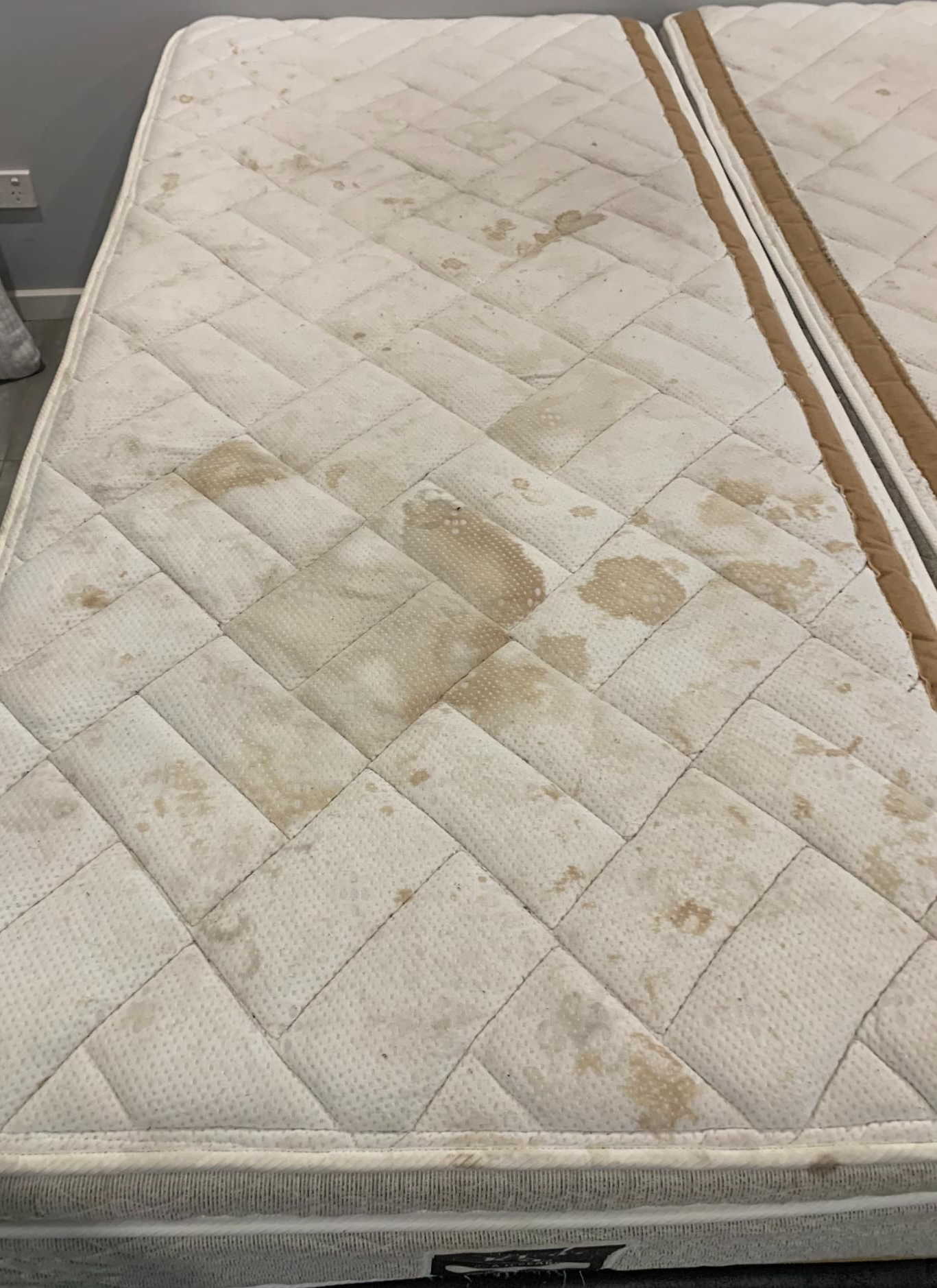 Dirty mattress with brown stains on a white quilted surface — Dryology Carpet Cleaning in Salamander Bay, NSW