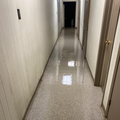 Narrow, light-filled hallway with beige speckled floor, paneling on the left, and doors on the right.