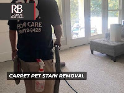 Man cleaning carpet with a vacuum. Text says 