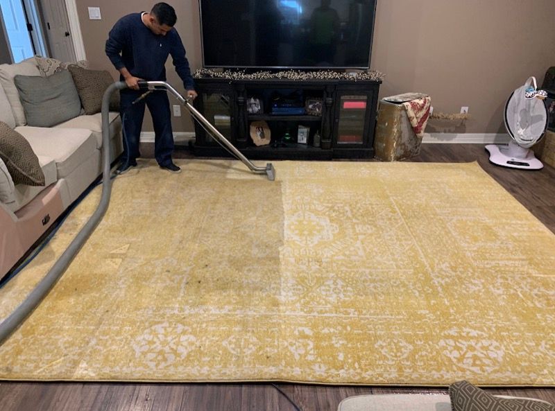 Man cleaning a yellow rug with a carpet cleaner in a living room, showing a clear difference in color.