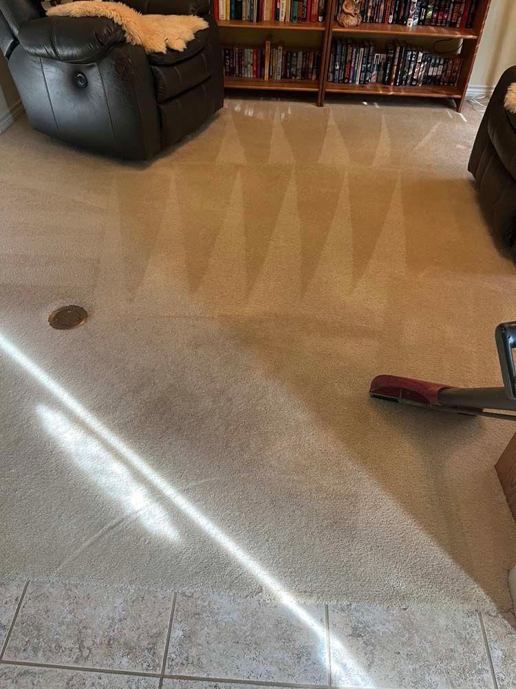 A light-colored carpet being cleaned, showing cleaner's path and dirt spots