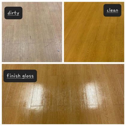 Floorboards showing dirty, clean, and glossy finishes.