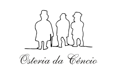 Logo in bianco e nero con tre figure in piedi sopra la scritta “Osteria da Cencio”