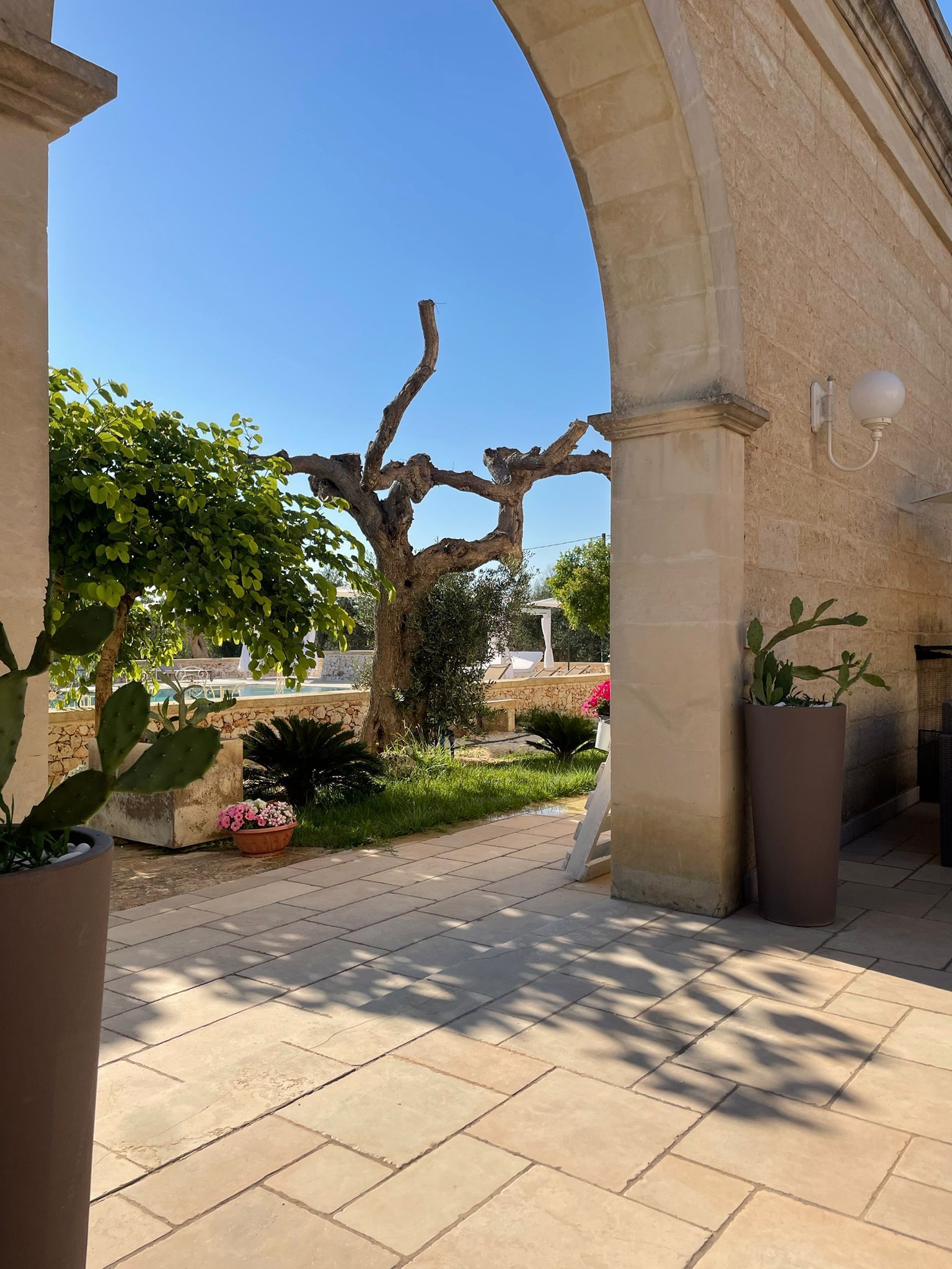 Vista attraverso un portale ad arco in pietra su un giardino soleggiato con alberi, piante e patio.
