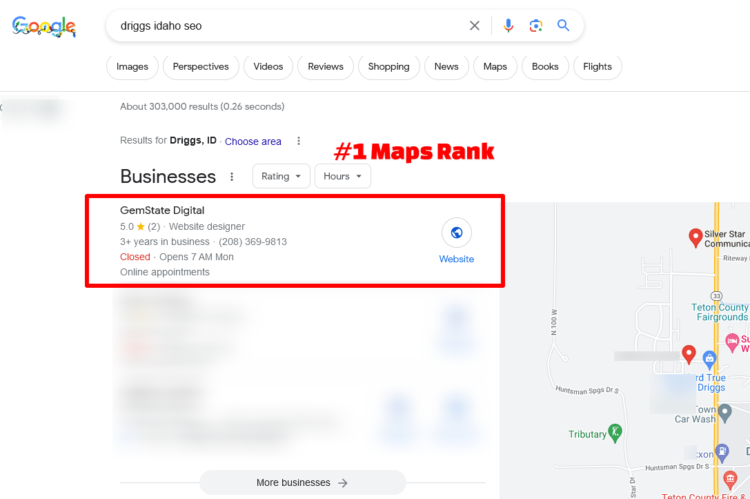 a google search for driggs idaho seo with # 1 maps rank