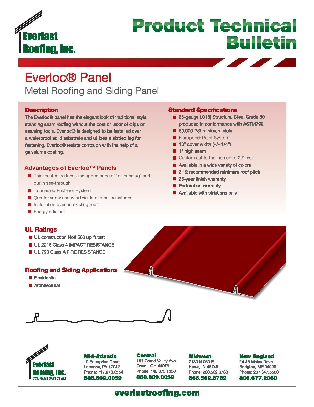 A product technical bulletin for a metal roofing and siding panel.