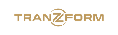 A gold-colored logo reading "TRANZFORM" with the two middle "Z" letters styled to resemble a circular geometric emblem.