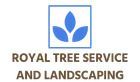 The logo for royal tree service and landscaping has a blue leaf in a square.