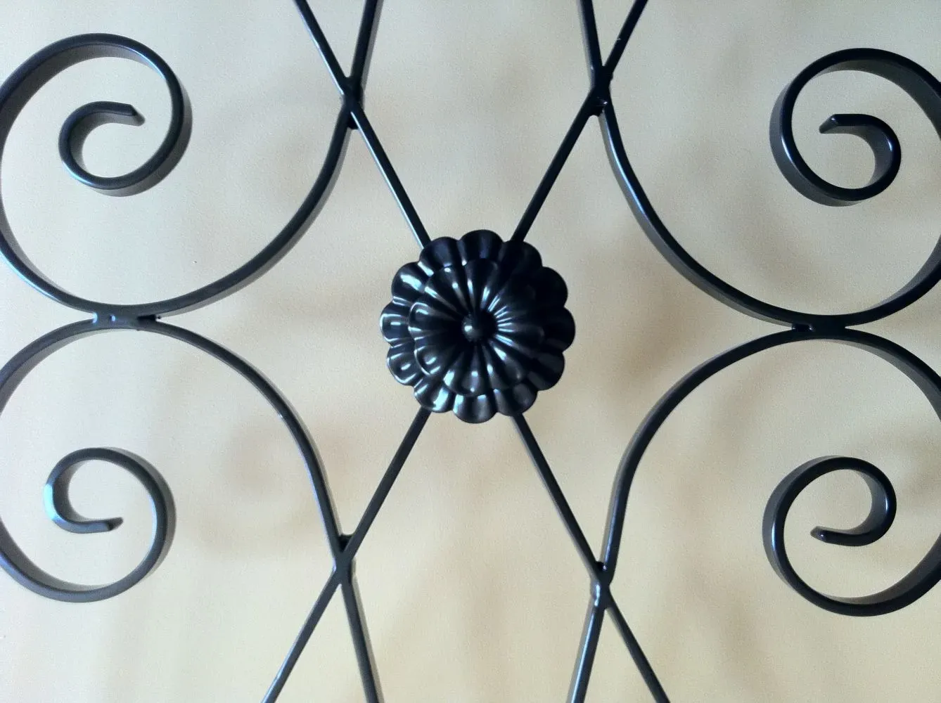A wrought iron fence with swirls and a flower in the middle