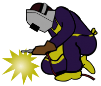 A cartoon drawing of a man wearing a welding helmet