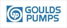 The logo for goulds pumps is blue and white.