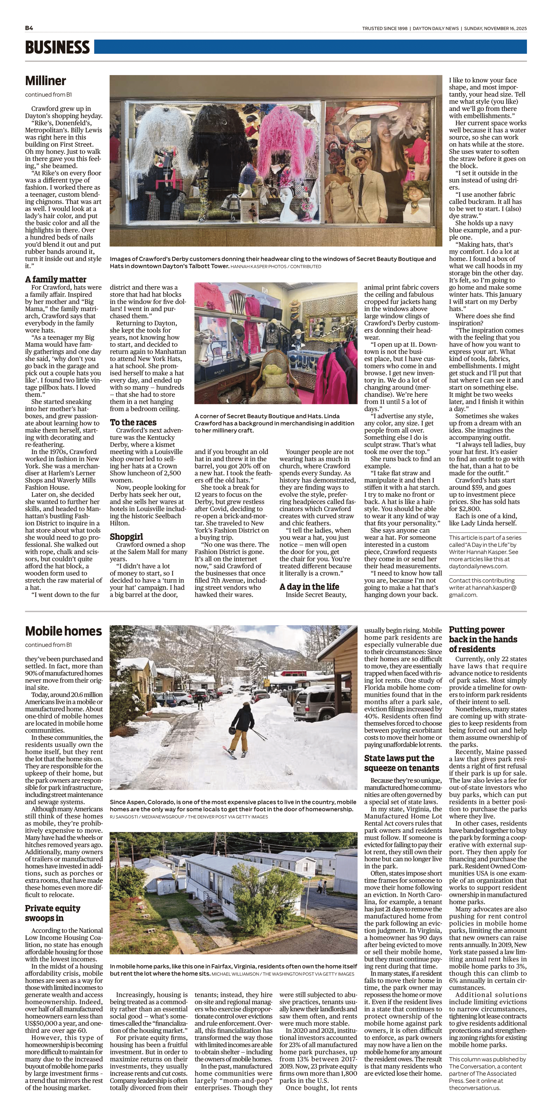 Newspaper page with photos of a store, snowy street, and outdoor plants.