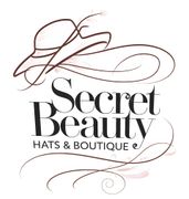 Logo for Secret Beauty Hats & Boutique: a hat illustration above bold text, swirling flourishes.