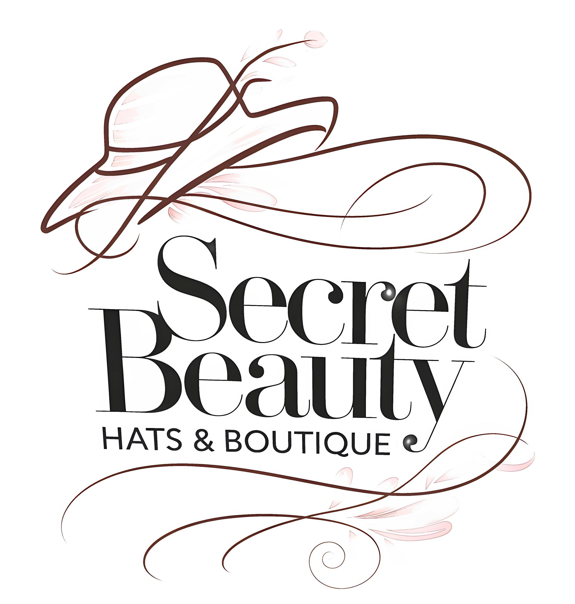 Logo for Secret Beauty Hats & Boutique: a hat illustration above bold text, swirling flourishes.