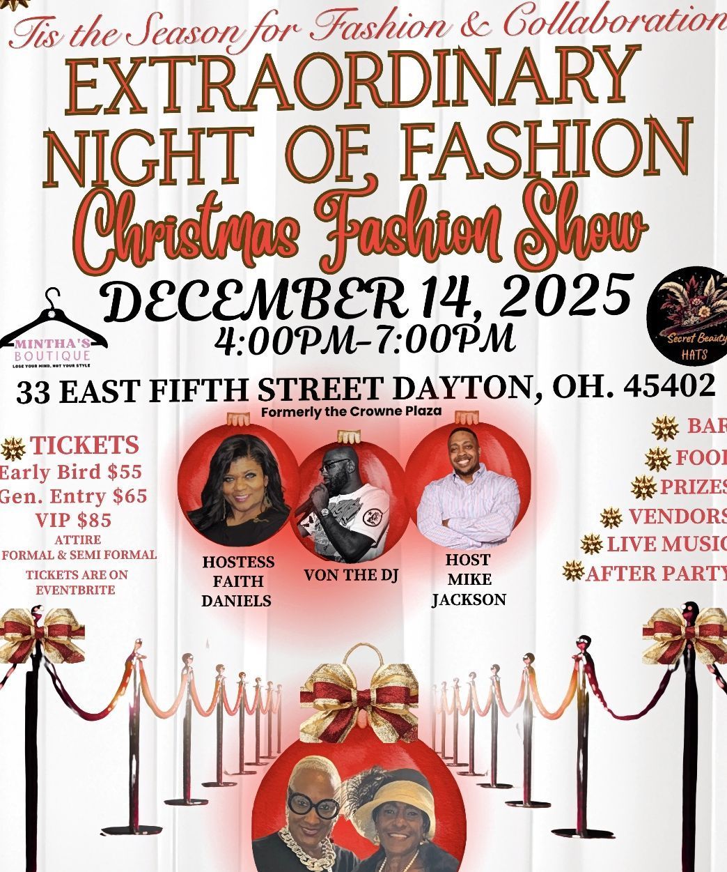 Poster for a Christmas fashion show on December 14, 2025 in Dayton, OH. Features event details, headshots of performers, and holiday decorations.