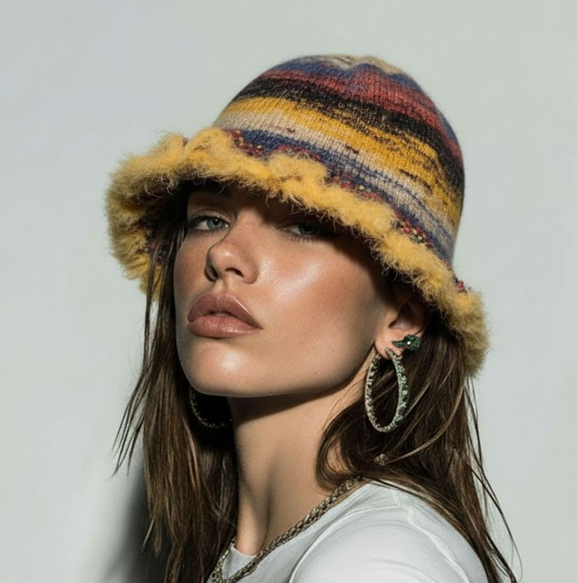 Woman wearing a patterned bucket hat with fur trim, hoop earrings, and a white top.