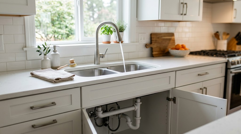 Bright modern kitchen with white cabinets, sink, open under-sink cabinet, and fruit on the counter