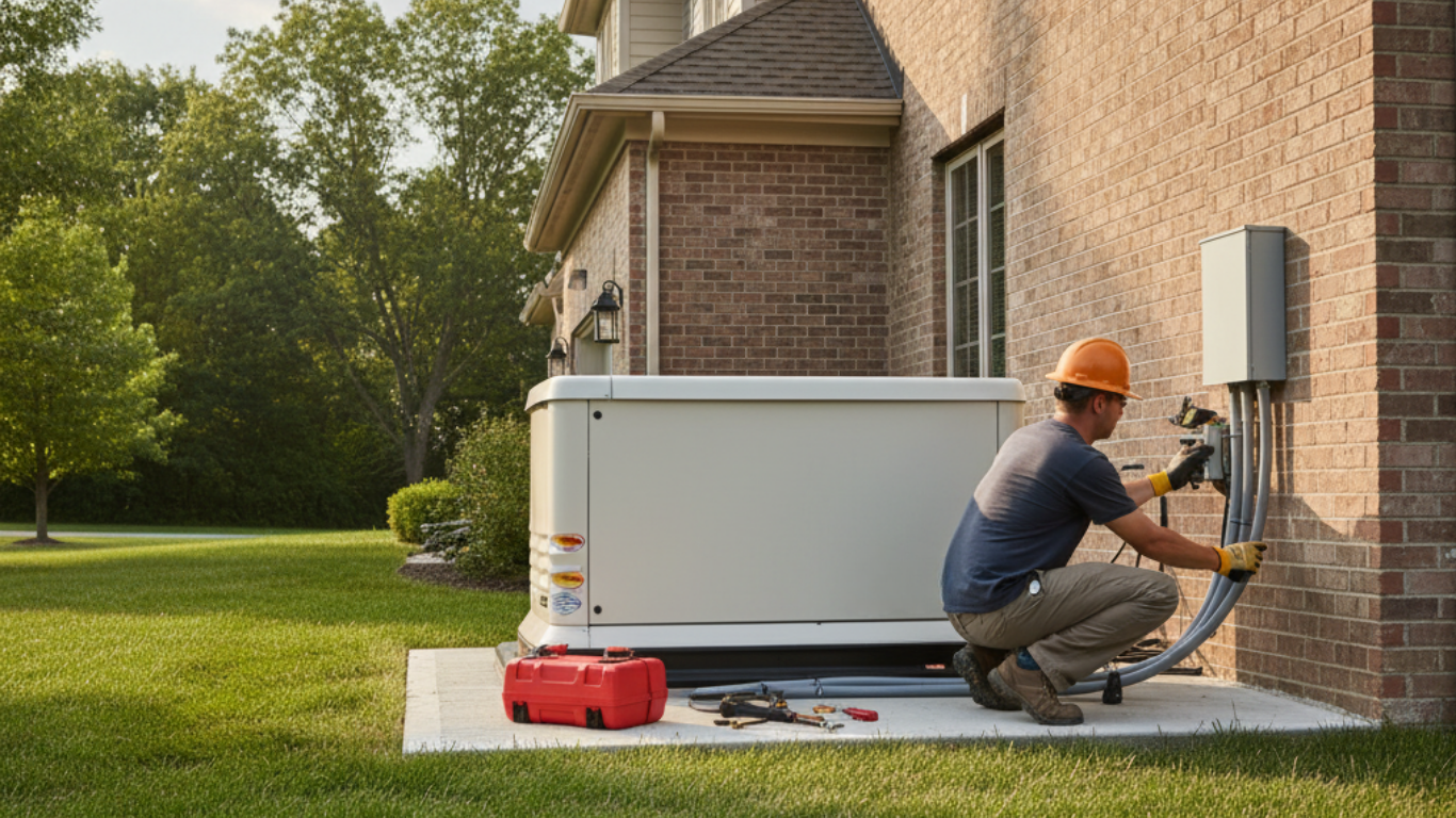 Worker kneels beside a house, installing an outdoor electrical box with tools nearby.