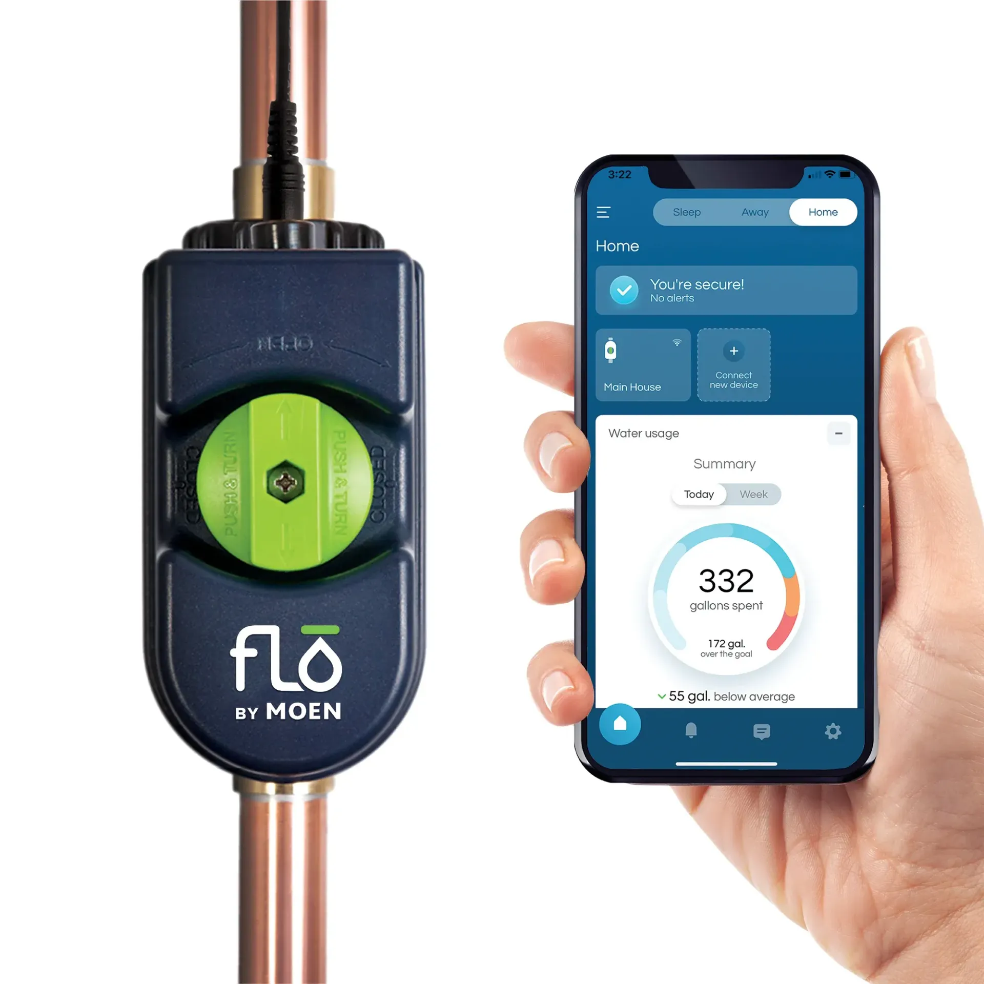 FLO by Moen leak detector on copper pipe beside a hand holding a smartphone app screen