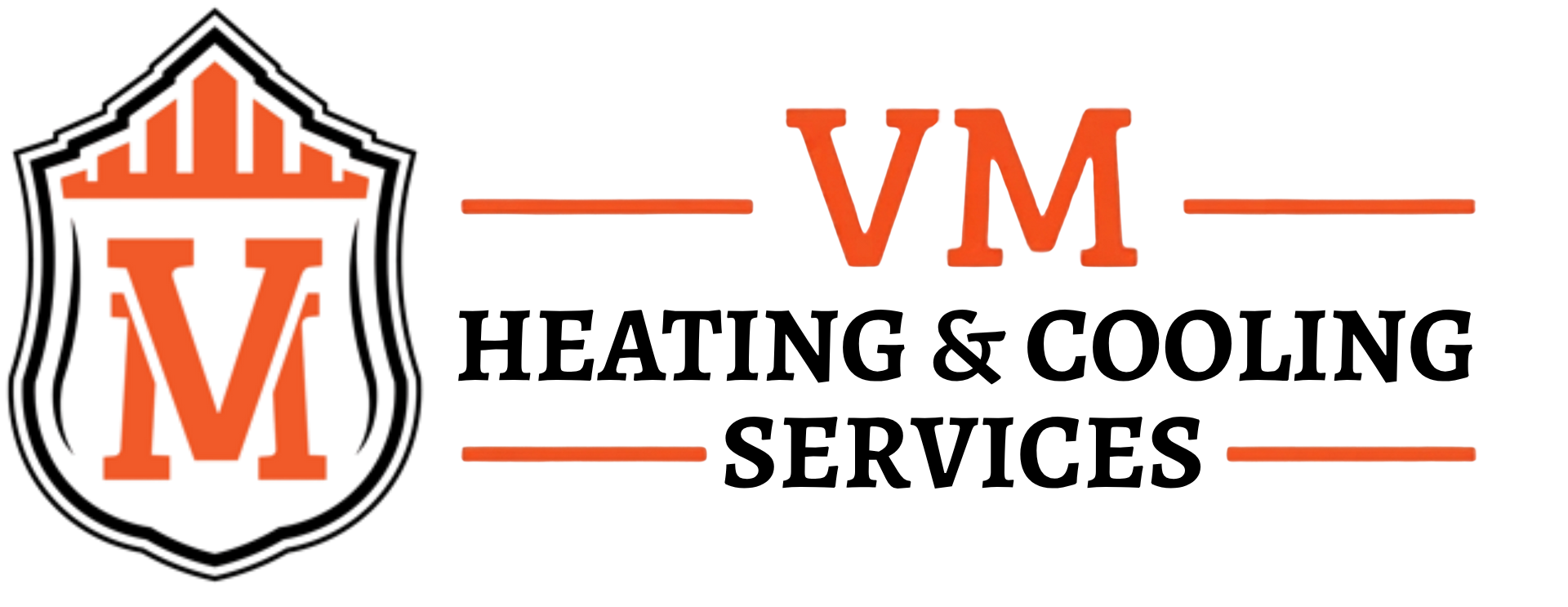 VM Heating & Cooling Services logo in orange, black, and white with shield icon
