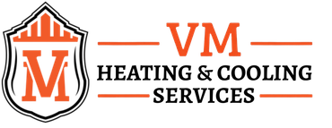 VM Heating & Cooling Services logo in orange, black, and white with shield icon