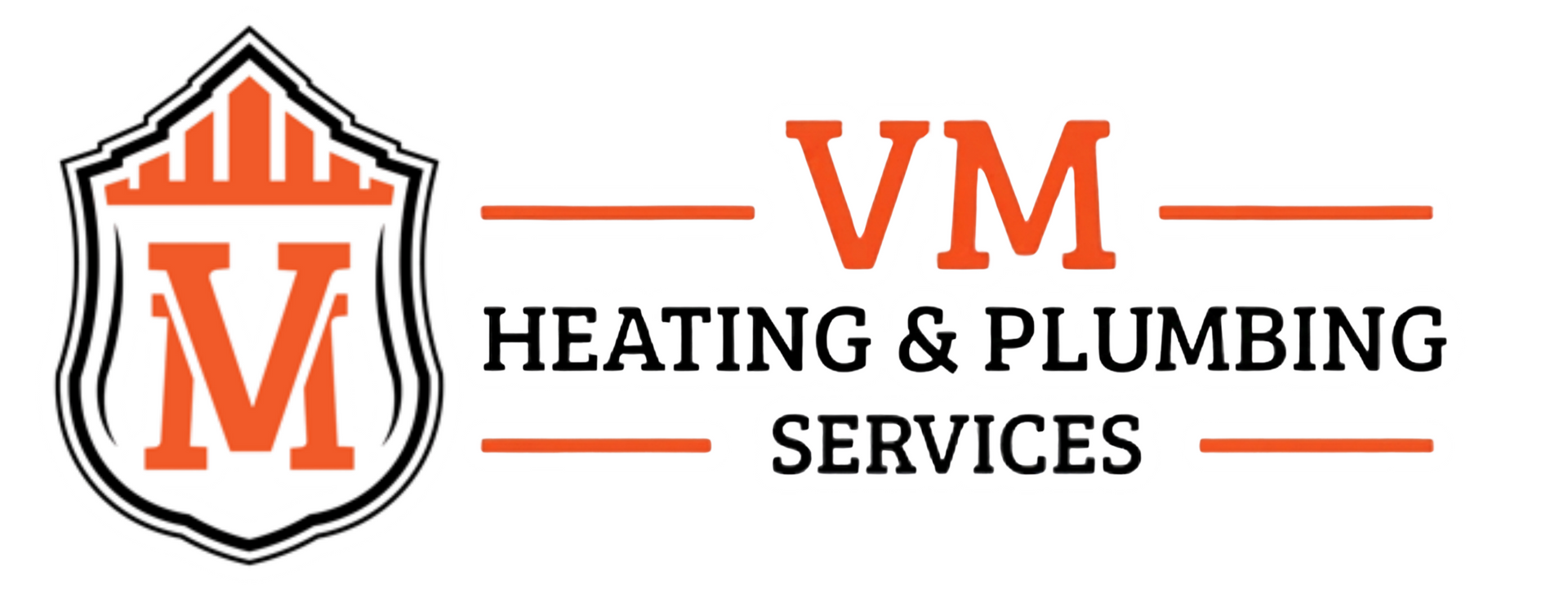 VM Heating & Plumbing Services logo in orange, black, and white with shield icon
